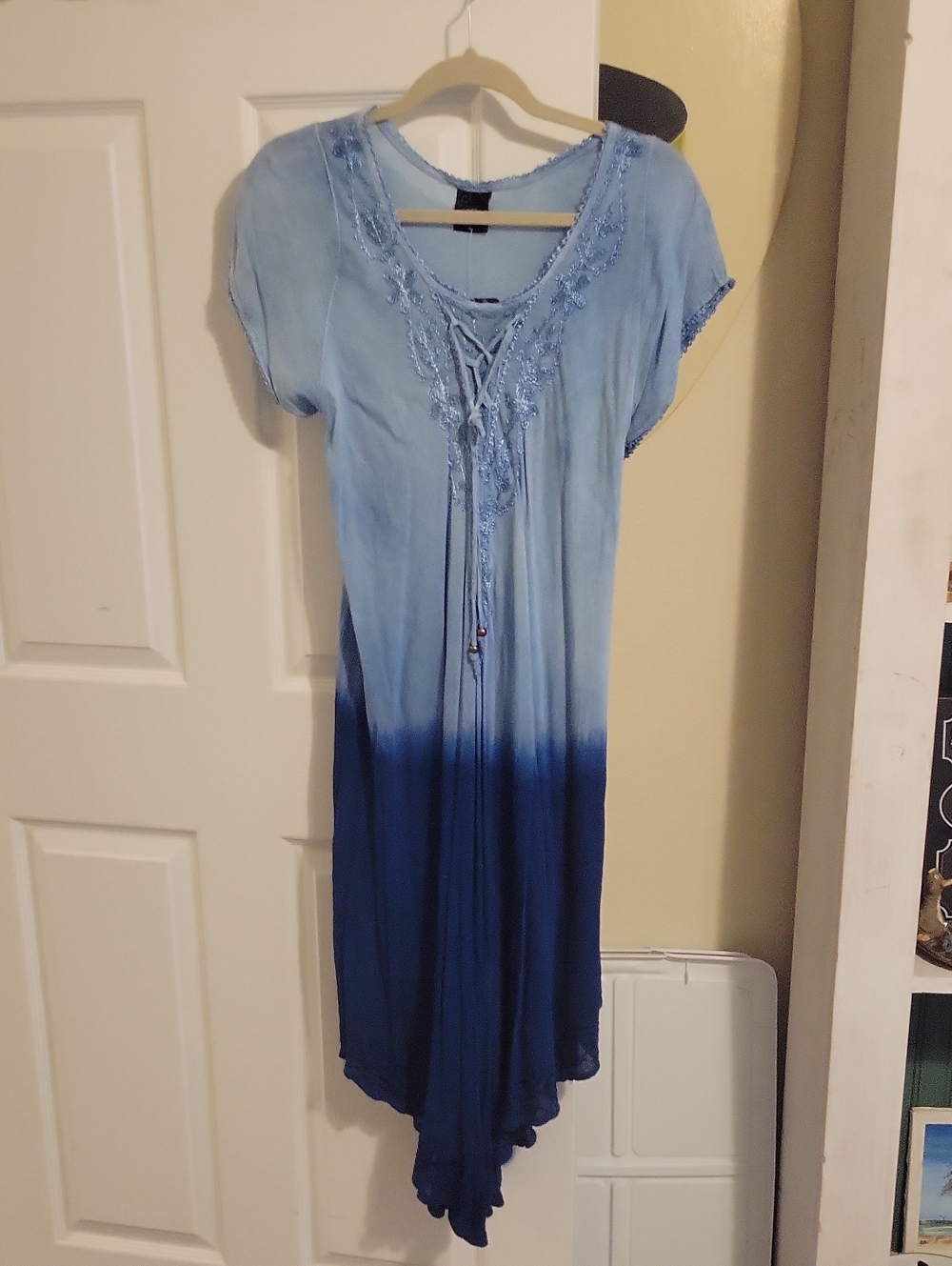 Ace Fashion SzMed Boho Blue Ombre Lace-Up Midi Dress with Crochet Trim NWT